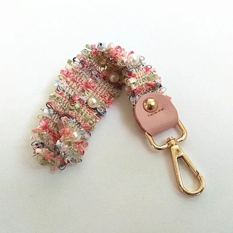 Handmade Tweed Woven Bag Strap Short Wristlet With Faux Artificial Pearl Decoration Leather Metal Hook Sweet Handbag Accessory