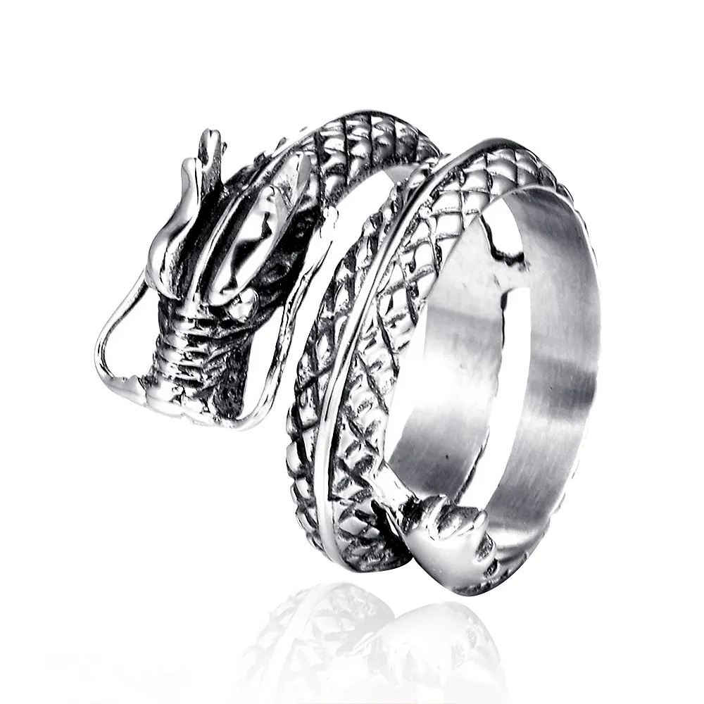 Dragon Ring Stainless Steel Punk Gothic Vintage Silver Color Wrap Around Masculine Jewelry