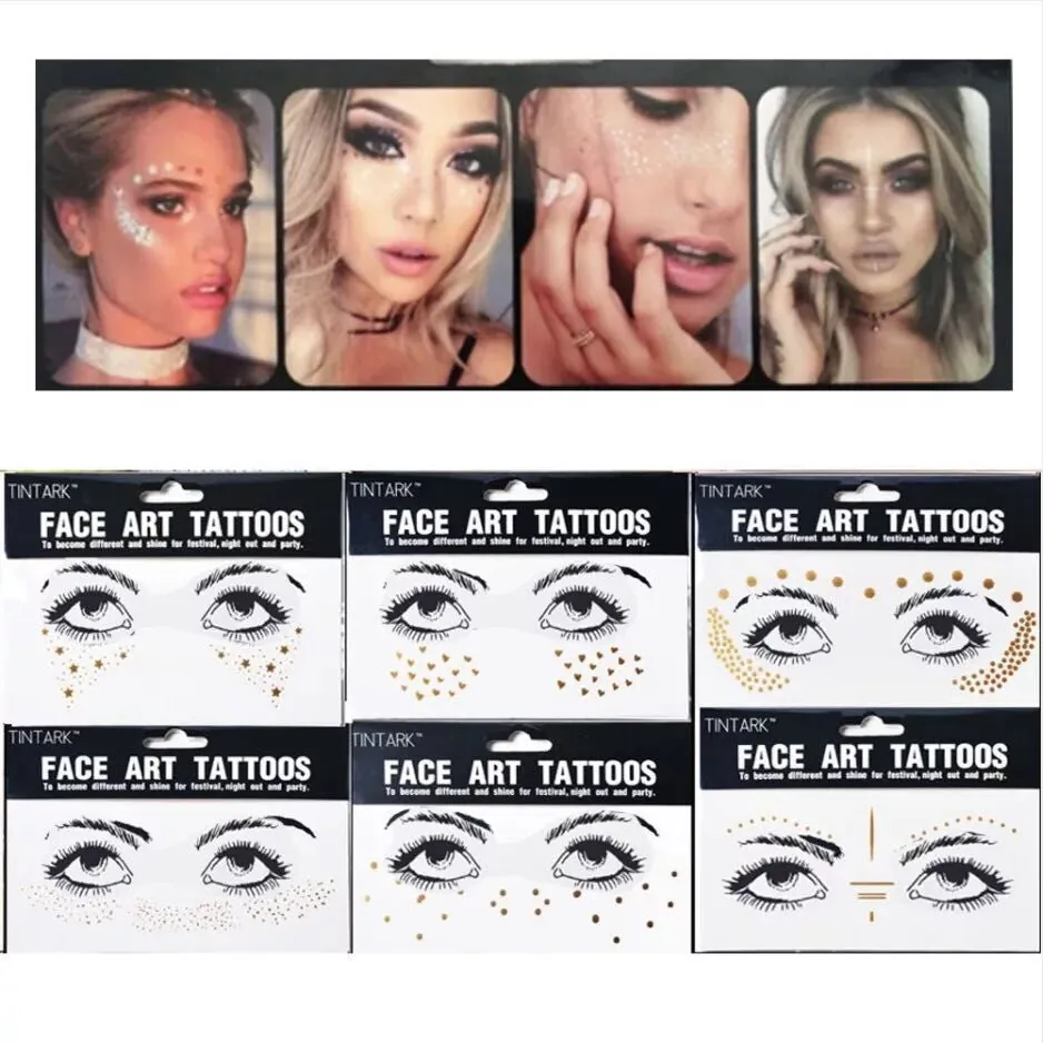 Face Art Tattoos Metallic Gold Silver Rhinestone Effect Waterproof Temporary Stickers For Festival Party Masquerade Women