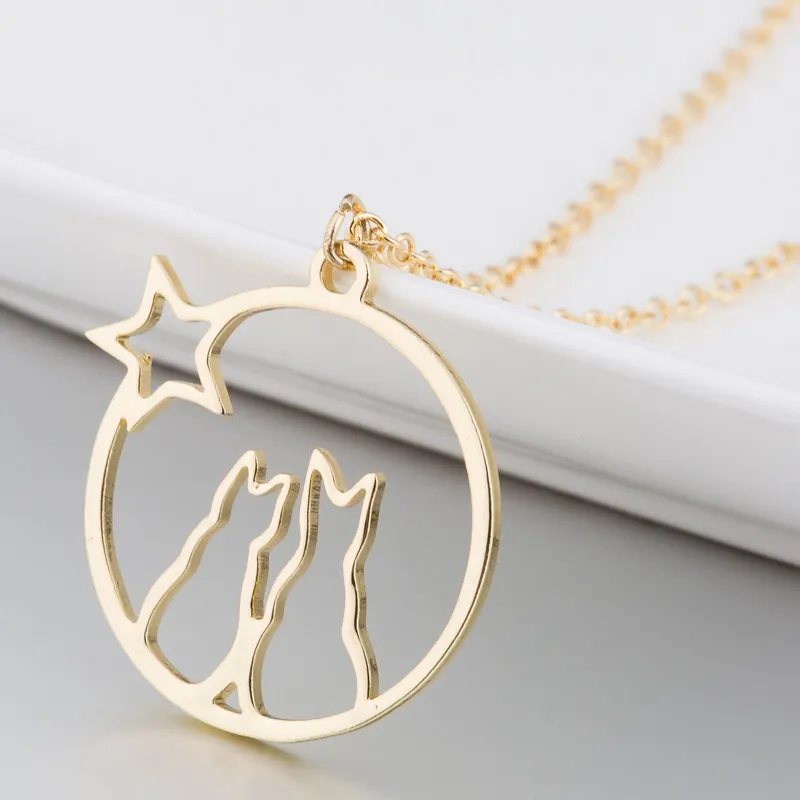 Cute Cats Star Pendant Necklace Stainless Steel Hollow Round Circle Choker Fashion Jewelry For Women