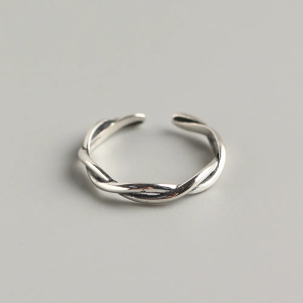 Twisted Woven Open Ring 925 Sterling Silver Vintage Adjustable Band Jewelry For Women Retro Minimalist Style