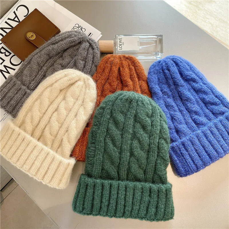 Cable Knit Beanie Hat Thickened Warm Winter Cuffed Cap For Women Men Solid Color Outdoor Casual Soft Fashionable