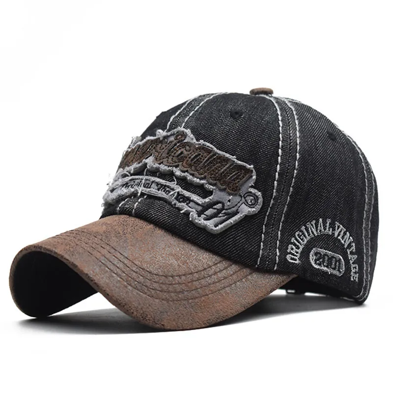 Vintage Baseball Cap Washed Cotton Denim PU Leather Patchwork Distressed American Retro Embroidery Adjustable Unisex Hat