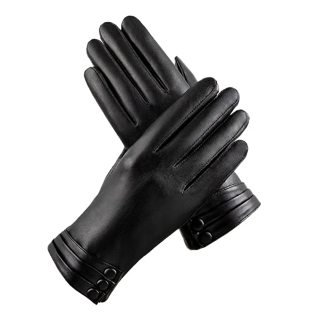 Women's Winter PU Leather Gloves Warm Plush Lined Touchscreen Driving Gloves With Three Buttons Decor For Outdoor Riding