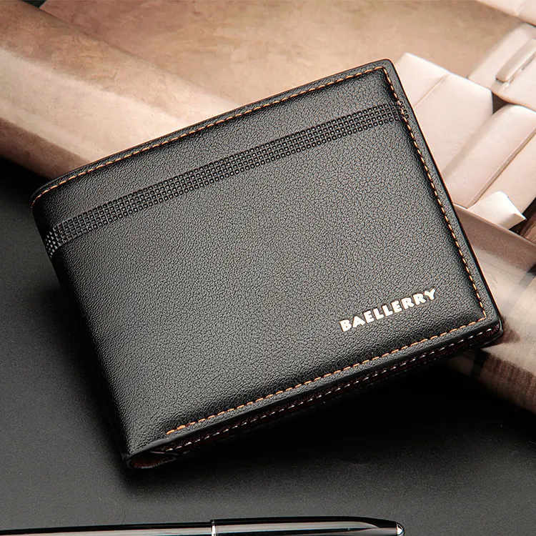 Portafoglio Uomo Pelle PU Grana Litchi Bifold Corto Business Casual Slot Per Carte Multiple Cuciture A Contrasto