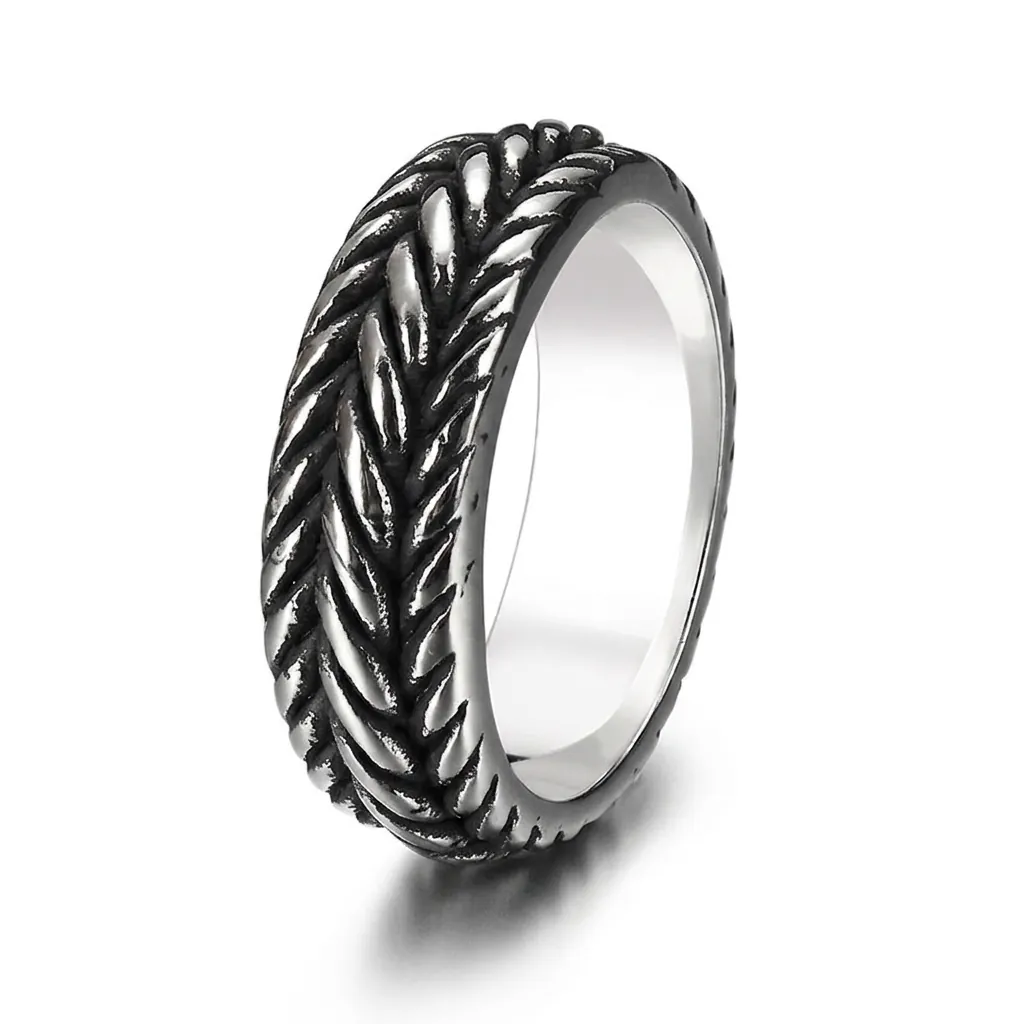 Vintage Twisted Braid Wheat Grain Ring Stainless Steel Punk Industrial Style Jewelry For Men Women