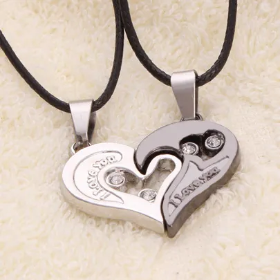 Alloy Heart Shaped Puzzle Necklace With Rhinestones And Black Cord I Love You Engraved Couples Jewelry Gift