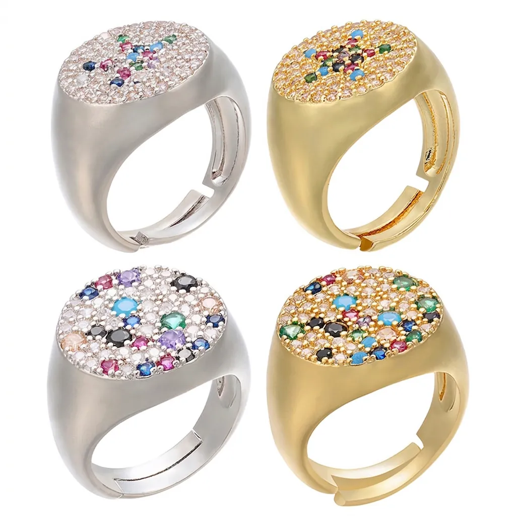 Anello Aperto Regolabile in Zirconia Micro Intarsiato Multicolore Ottone Placcato Oro Vintage Sigillo Motivo Stella Croce Donna
