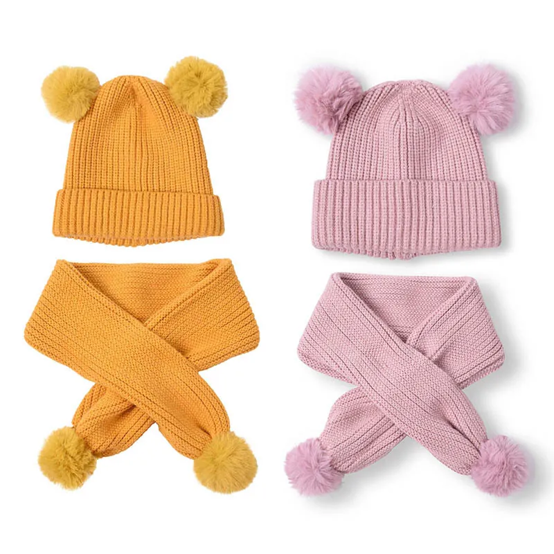 Childrens Knitted Pom Pom Hat And Scarf Warm Winter Crochet Beanie Bear Ear Style Soft Outdoor Accessories For Boys Girls