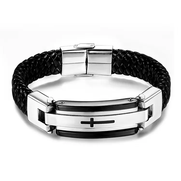 Bracciale In Pelle Intrecciata Da Uomo Con Croce In Acciaio Inossidabile Motivo Greco Lucidato Gioielli Retro Moda