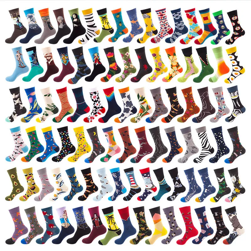 Novelty Pattern Crew Socks Trendy Fun Printed Cotton Blend Mid Calf Hosiery For Men Women Breathable Casual Harajuku