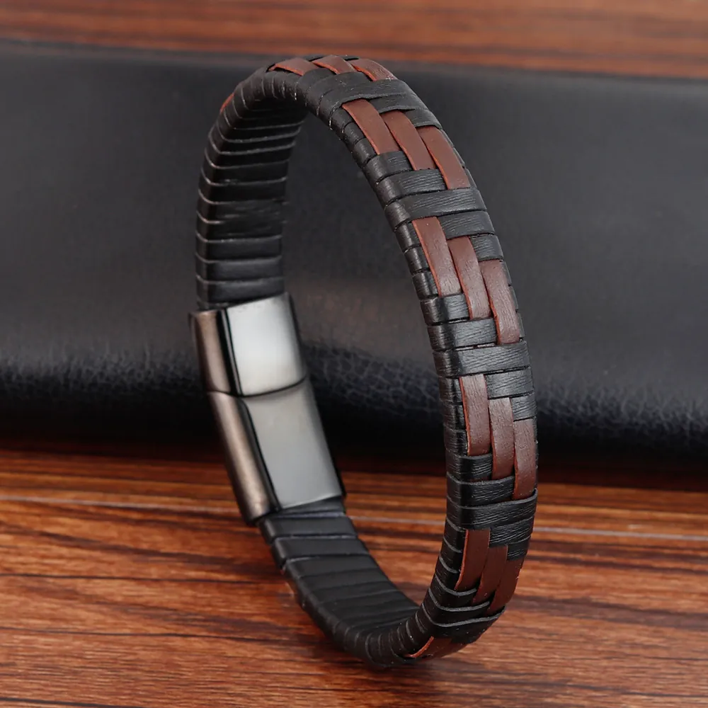 Bracelet Homme Fait Main en Acier Inoxydable 316L et Cuir Véritable Tressé Fermoir Magnétique Vintage Robuste Bijoux de Mode