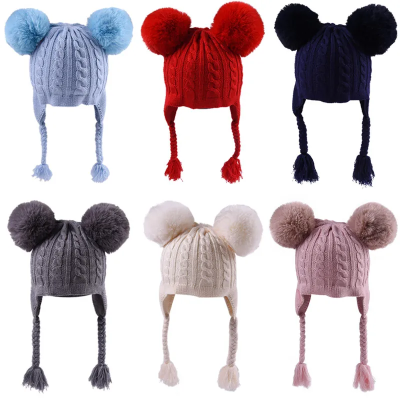 Kids Knit Beanie Hat With Double Pom Poms Winter Warm Earflap Cap With Braided Tassels Cable Knit Pattern For Toddler Boys Girls