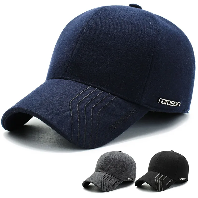 Men Winter Baseball Cap With Ear Flaps Warm Woolen Peaked Hat For Middle Aged Father Outdoor Windproof Adjustable