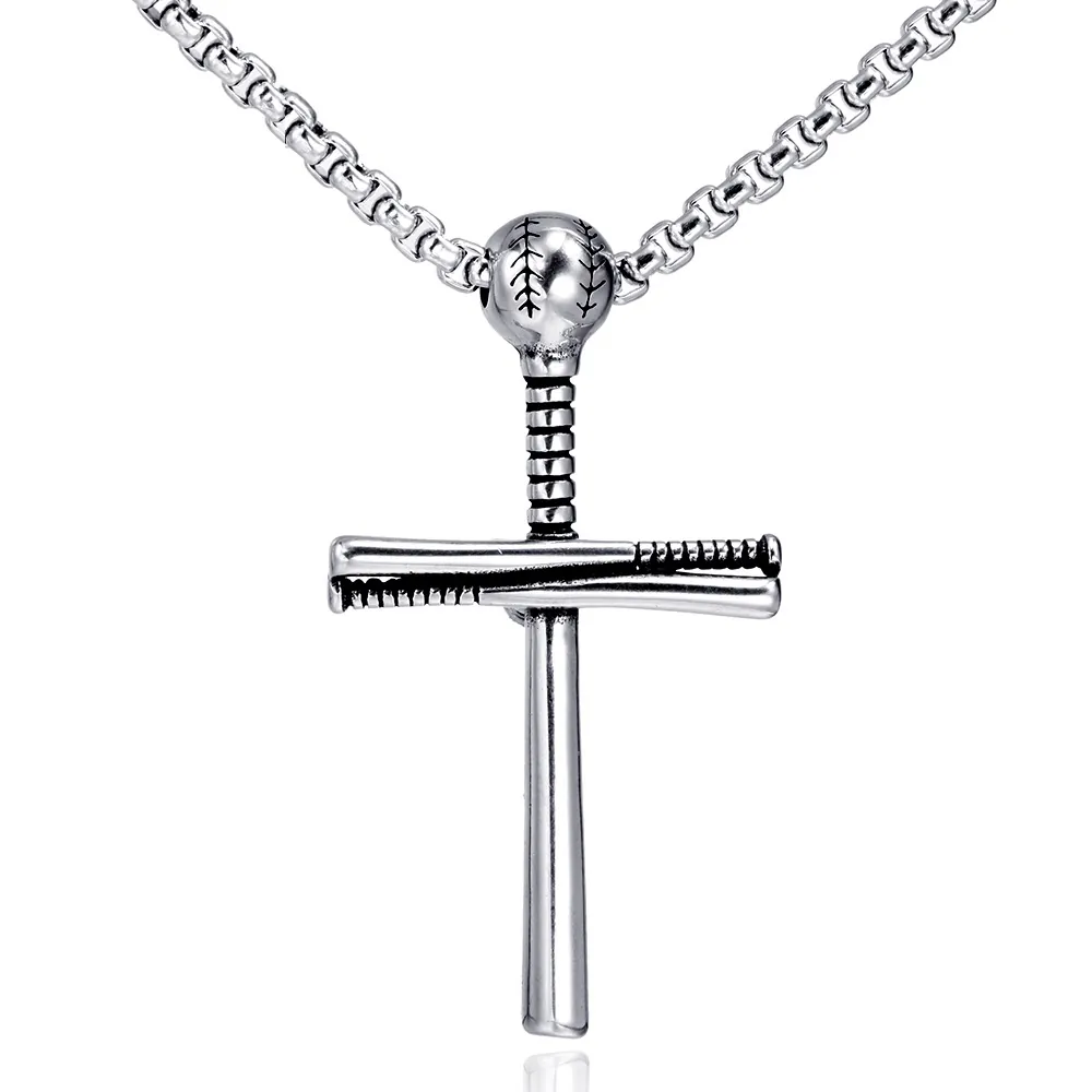 Collier Pendentif Croix Batte De Baseball Acier Inoxydable Bijoux Sport Hip Hop Pour Hommes Femmes