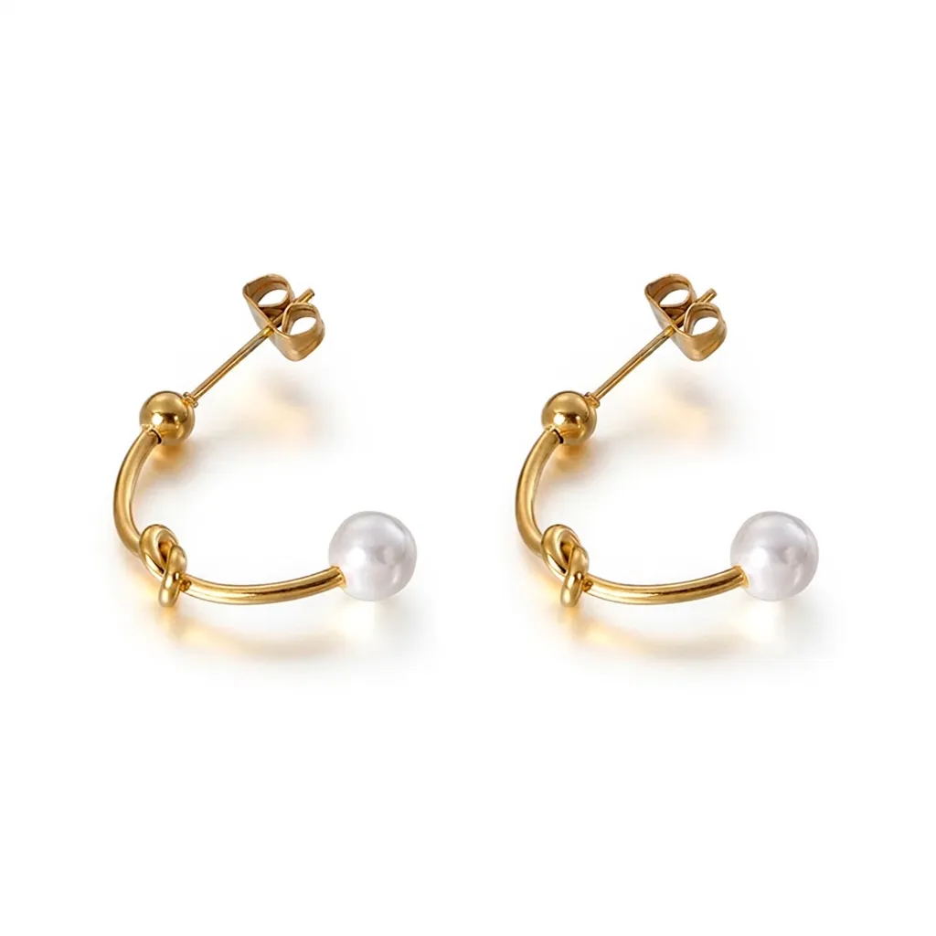 Orecchini A Lobo In Acciaio Inossidabile Con Perla Artificial Di Conchiglia Design A Nodo Forma C Gioielli Geometrici Eleganti Per Donne
