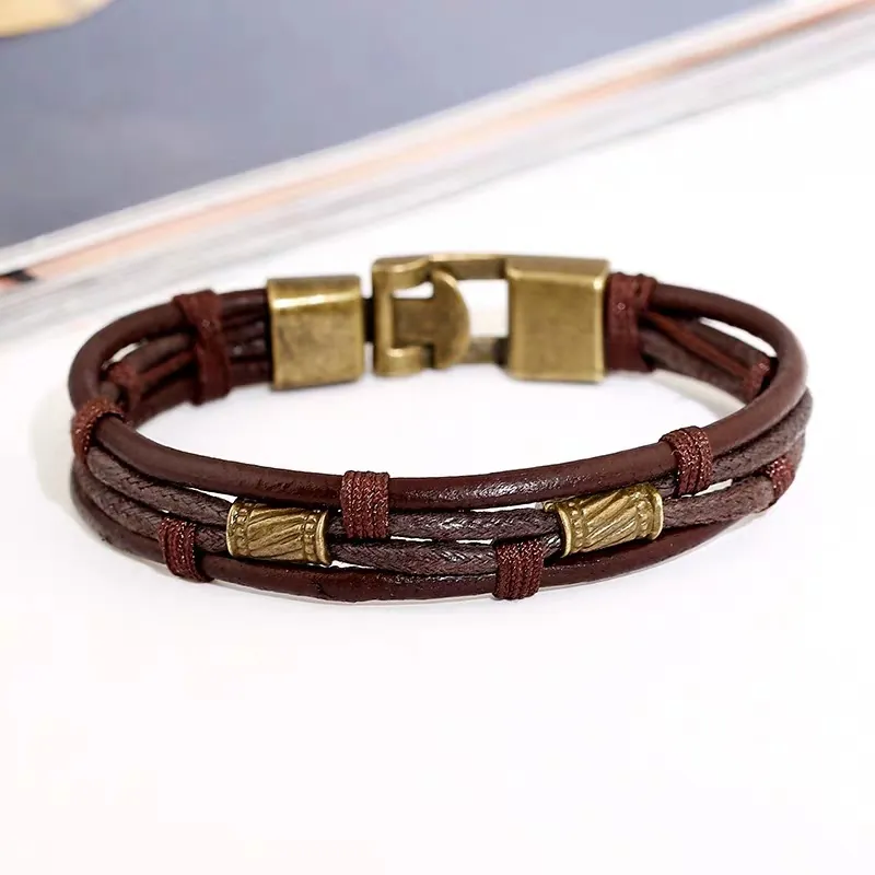 Vintage Multi-layer Braided Leather Bracelet With Alloy Beads Metal Clasp Punk Style For Men Women Gift