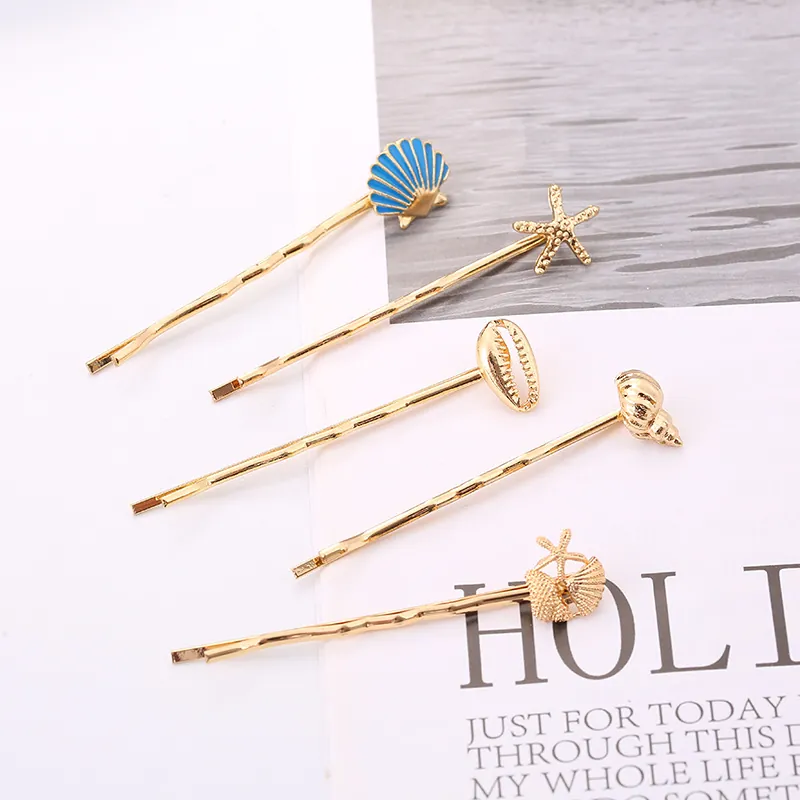 Ocean Starfish Shell Conch Hair Clips Gold Alloy Marine Chic Summer Beach Bobby Pins For Women Side Hairpin