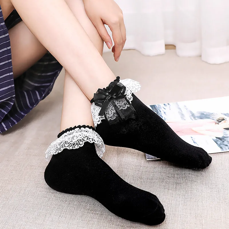 Women Lolita Princess Lace Trim Ankle Socks Cotton Ribbon Bowknot Ankle Socks Breathable Sweet Japanese Style Flower Socks
