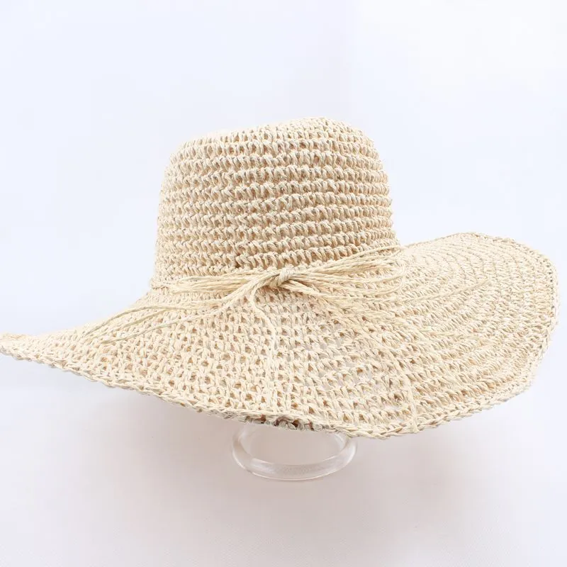Women Hand Woven Straw Hat Wide Brim Sun Protection Foldable Beach Vacation Breathable Summer Holiday
