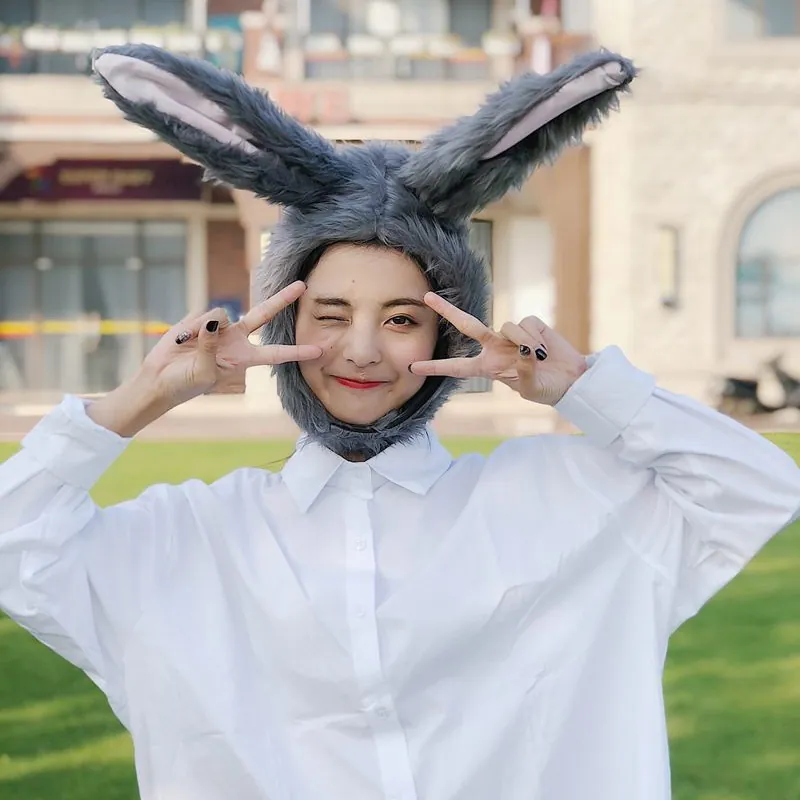 Cute Grey Plush Long Ear Rabbit Hat For Photography Props Party Costume Cosplay Winter Warm Decorative Headwear Soft Furry