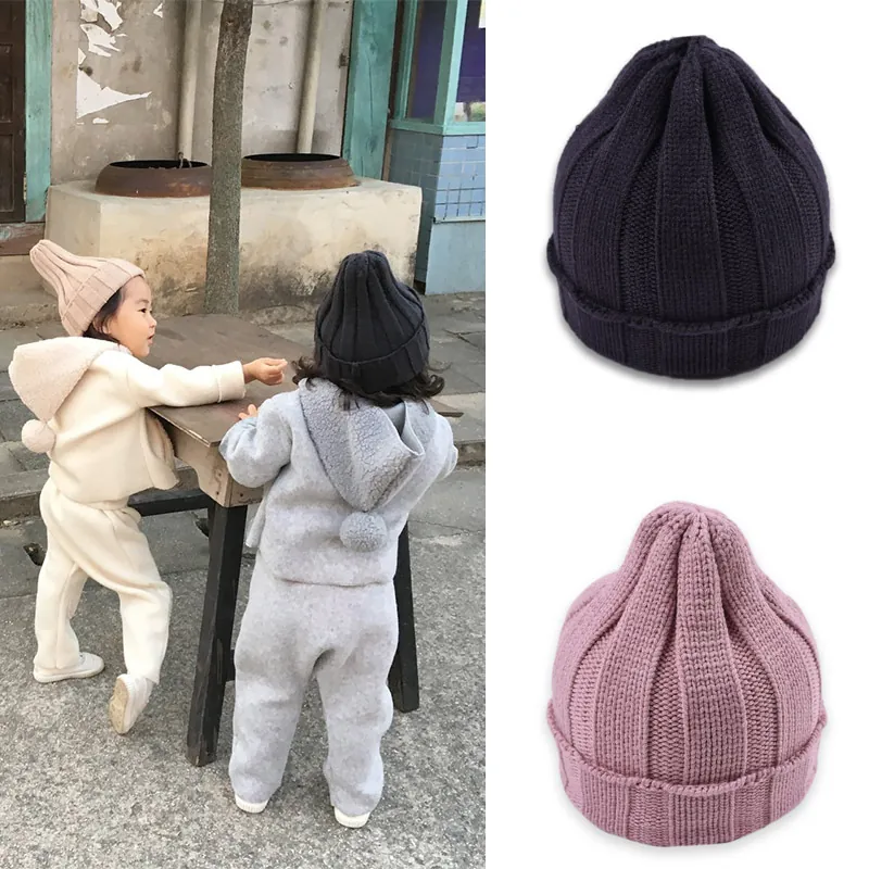 Kids Ribbed Knit Beanie Hat Woolen Warm Winter Solid Color Elastic For Toddler Boys Girls