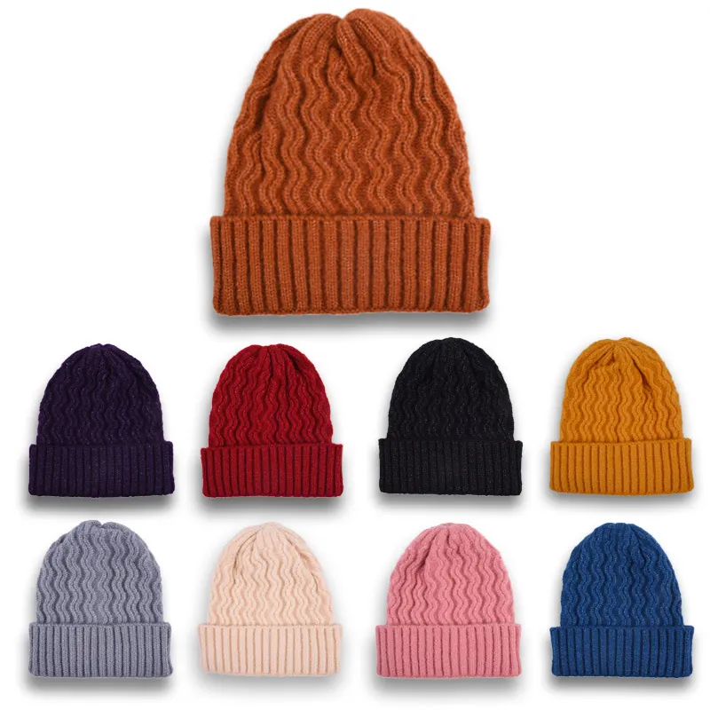 Bonnet Beanie Tricoté Texture Ondulée Fil Doux Chaud Revers Couleur Unie Automne Hiver Extérieur Unisexe Adultes