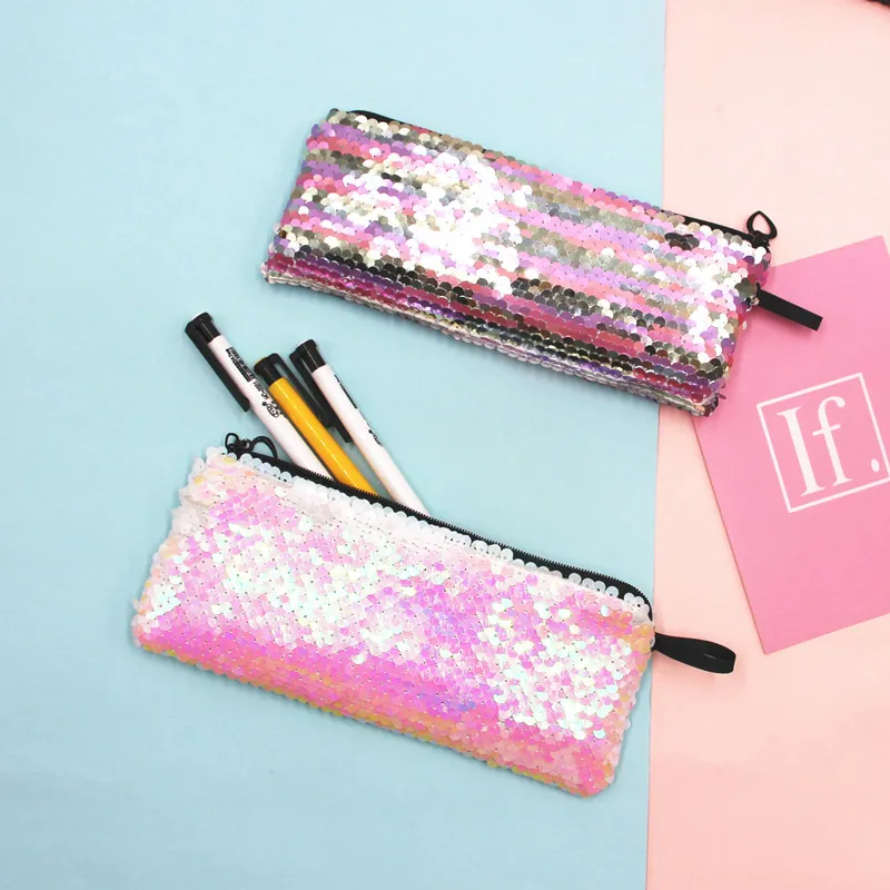Reversible Sequin Pencil Case Mermaid Glitter Storage Bag Zipper Closure Stationery Organizer For Students School Supplies