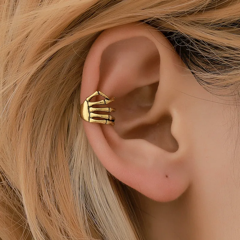 Manchette Oreille Main Squelette Cuivre Gothique Punk Crâne Boucle Oreille Sans Perçage Bijoux Rétro