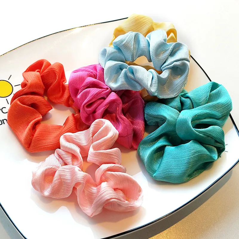 Large Satin Scrunchies Pleated Fabric Hair Ties Elastic Ponytail Holder French Style Solid Color For Women