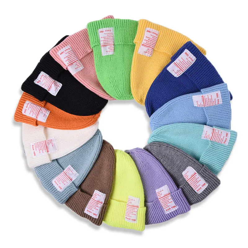 Kids Knitted Beanie Hat Warm Winter Autumn Candy Color Ribbed Soft Cap With Label For Baby Toddlers Boys Girls