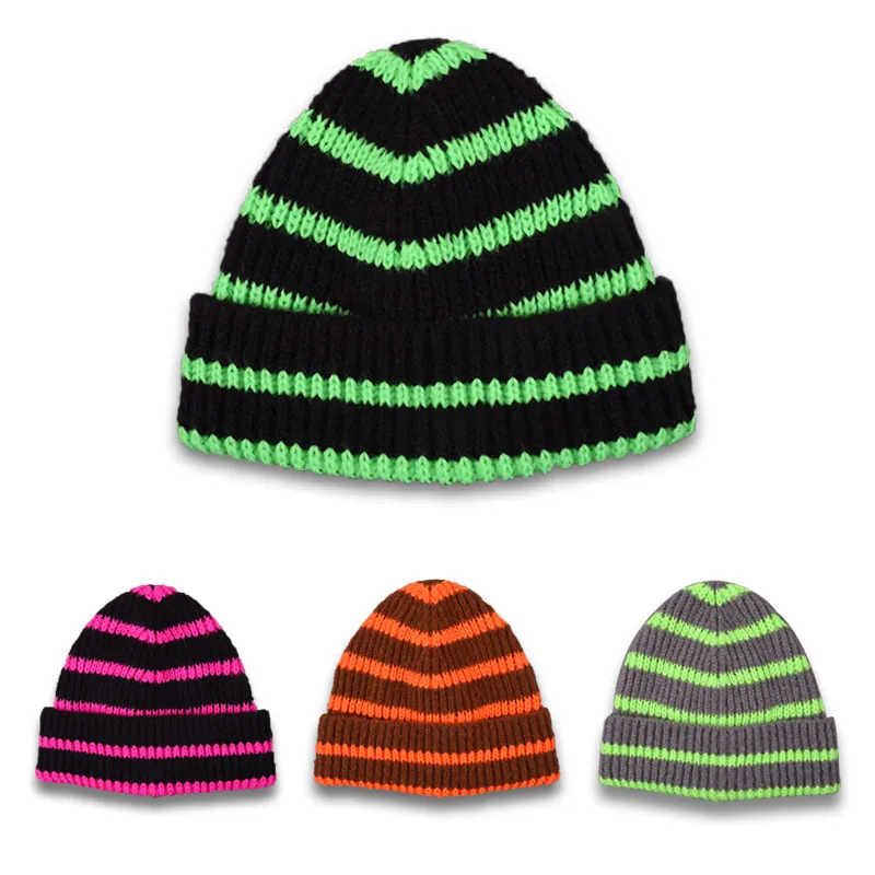 Bonnet En Tricot Pour Enfants Doux Chaud Rayé Couleur Contrastée À Revers Pour Tout-petits Garçons Filles Bébé