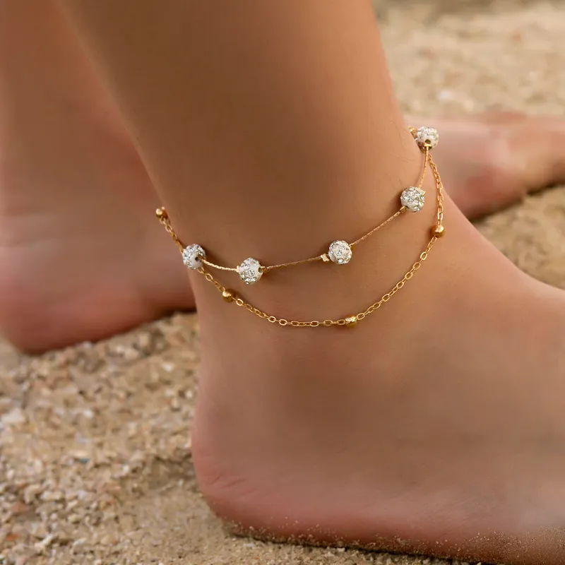 Layered Alloy Rhinestone Ball Anklet Adjustable Foot Chain Summer Beach Foot Jewelry For Women