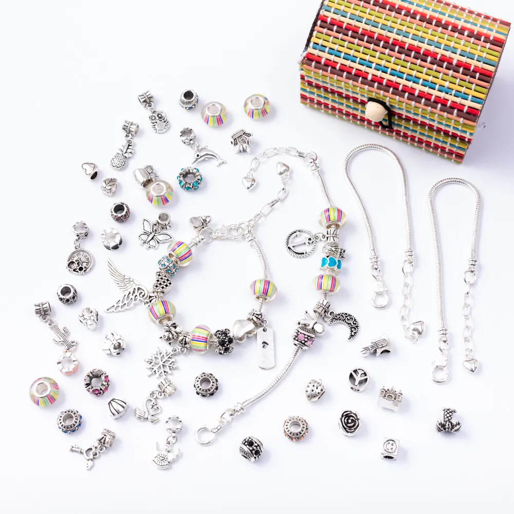 DIY Bracelet Making Silver Plated Snake Chain Colorful Crystal Glass Beads Metal Charms Jewelry For Girls Teenagers