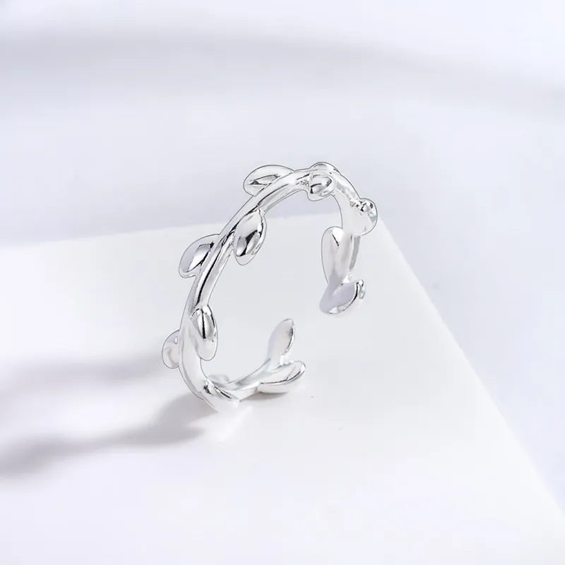 Leaf Olive Branch Adjustable Open Ring Minimalist Silver Plated Copper Forest Style Fashion Jewelry For Women