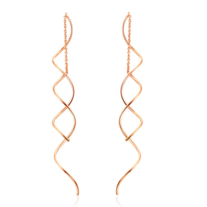 Copper S-Shaped Long Tassel Ear Threads Wave Spiral Earrings With Stainless Steel Post For Women Korean Style Jewelry