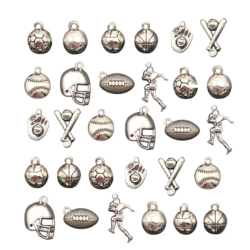 Breloques Sportives En Alliage Vintage Pendentifs Football Basketball Baseball Rugby Casque Athlète Formes Pour Bijoux DIY Argent Antique