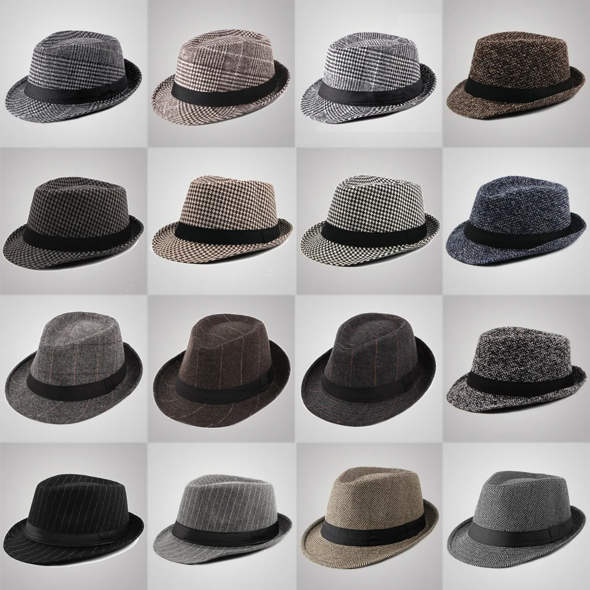 British Style Plaid Fedora Hat For Men Women Winter Warm Jazz Hat Vintage Herringbone Pattern Casual Outdoor Woolen Cap