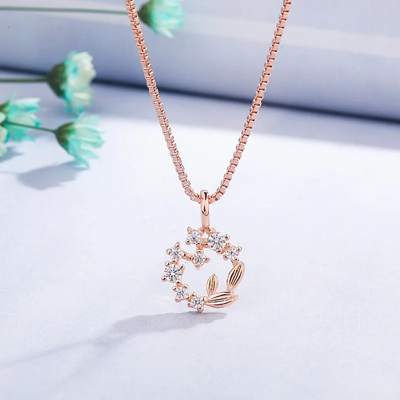 Rose Gold Plated Copper Flower Wreath Pendant Necklace With Cubic Zirconia Inlay Elegant Floral Jewelry For Women