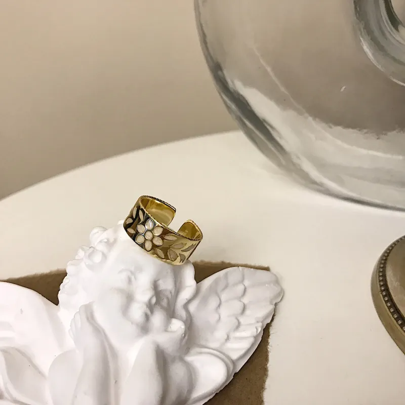 925 Sterling Silver Flower Ring Gold Plated Wide Band Resin Floral Pattern Adjustable Open Jewelry For Women