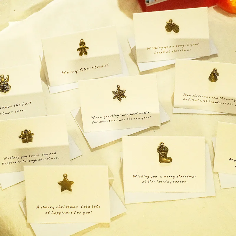 Mini Cartes De Voeux De Noël Breloque Bronze Vintage Cartes Papier Spécial Pliantes Enveloppes Bénédiction Vacances Design Rétro