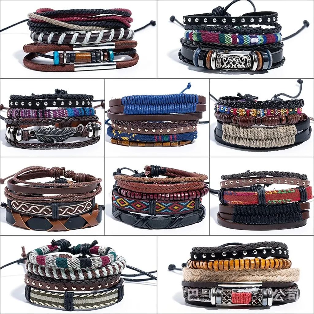 Bohemian Ethnic Braided Leather Bracelet Handmade Multi-layer Wood Bead Charm Wristband Vintage Jewelry Gift Men Women