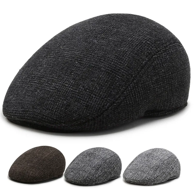 Men Flat Cap Wool Blend Windproof With Ear Flaps Winter Warm Vintage Newsboy Hat For Middle Aged Elderly Father