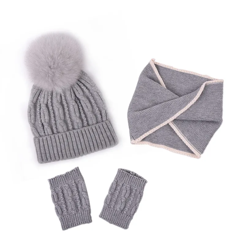 Kids Beanie Hat Scarf And Gloves Knitted Yarn With Fox Fur Pom Pom Warm Winter Twist Knit For Toddlers Boys Girls