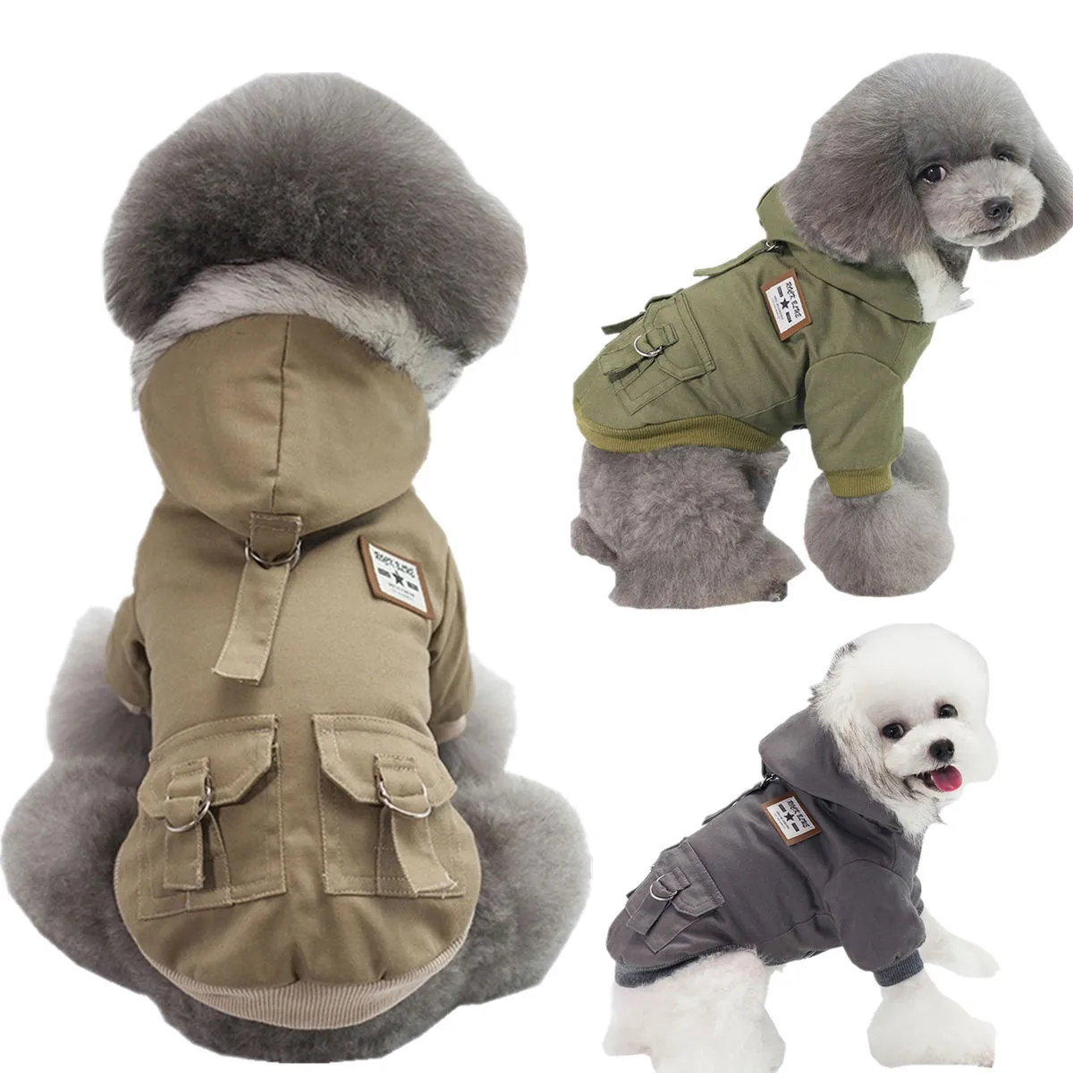 Dog Winter Coat Cotton Canvas Hooded Jacket Utility Style Warm Fleece Lined Faux Fur Trim Pockets