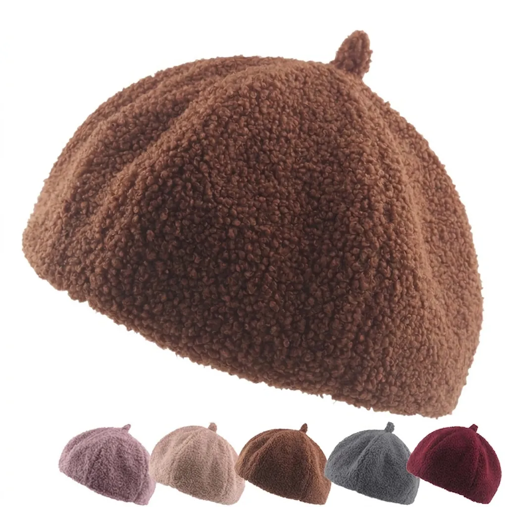 Béret d'Hiver Chaud en Polaire Granulaire pour Femmes Style Japonais Couleur Unie Citrouille Peintre Octogonal
