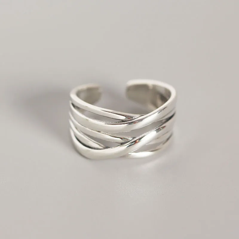 925 Sterling Silver Adjustable Ring Vintage Multi Layer Woven Crossed Lines For Women Retro Style