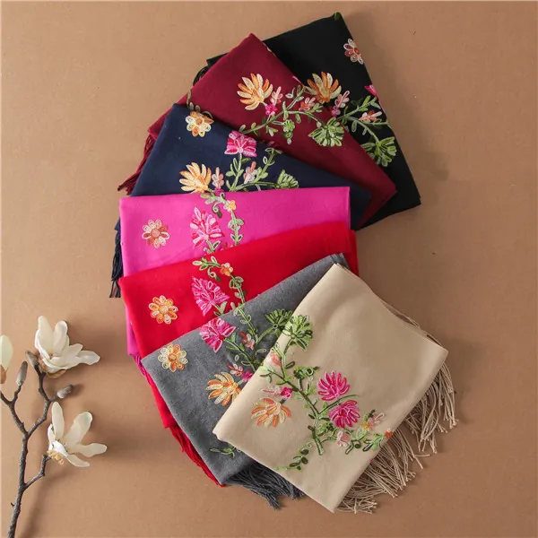 Elegant Floral Embroidered Cotton Shawl Scarf For Women Tassel Fringe Ethnic Style Pashmina Wrap For Wedding Banquet Daily Wear
