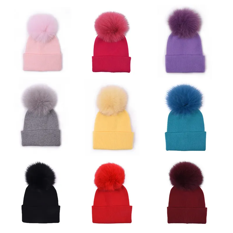 Autumn Winter Parent Child Warm Ribbed Knit Beanie Hat With Large Real Fox Fur Pom Pom Solid Color For Women Kids