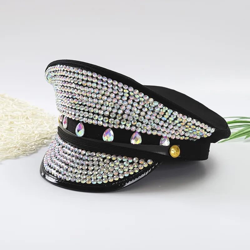Luxurious Rhinestone Military Hat For Women Punk Style Flat Top Peaked Cap Party Carnival Stage Performance Hat